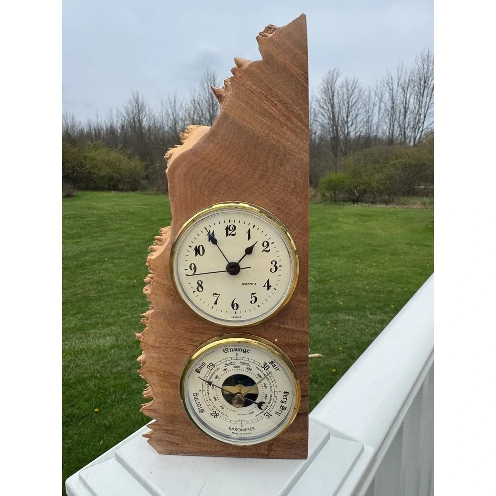 Charles Elkan Rough Burl Wood Signed Vintage Desk Clock Barometer Handmade MCM